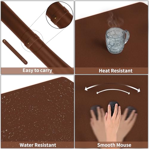 Tapis de bureau double face en cuir marron imperméable pour ordinateur