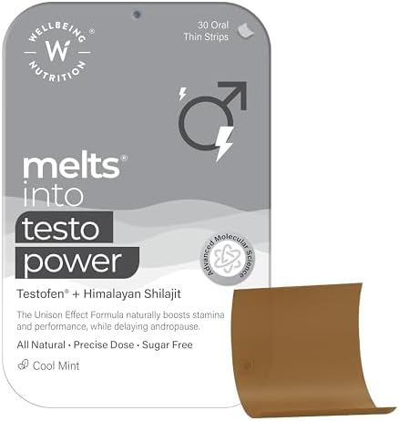 Wellbeing Nutrition Melts Testo Power | Clinically Proven Testofen, Fenugreek Seeds, Himalayan Shilajit, Saffron | Testosterone Boost, Performance, Stamina & Energy, 30 Oral Strips