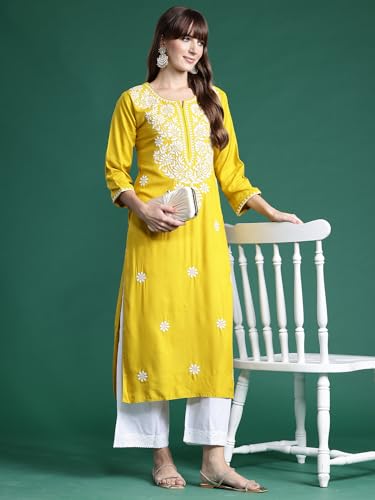 Image of INDO ERA Womens Straight Embroidered Chikankari Kurta
