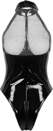 Women Lingerie PU Leather Mesh Bra Wetlook Halter Clubwear Teddy Bodysuit image 4