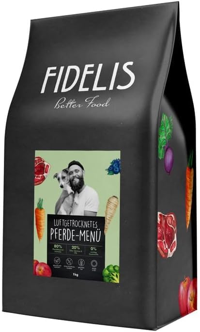 Fidelis - Getrocknetes Pferd-Menü für Hunde 1kg - Premium Hundefutter trocken mit 80% Fleischanteil, Gemüse & Obst - Proteinhaltiges Trockenfutter Hund schonend getrocknet - Zucker- & Getreidefrei