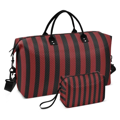 Dark Red Black Stripes Travel Duffel Bag, Shoulder Weekender Overnight Bags - Large Gym Bag with Wet Pocket