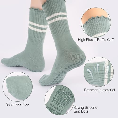 3 Pairs Yoga Socks with Grips, Non Slip Ruffle Pilates Socks Frilly Crew Socks for Barre Barefoot Workout Hospita2