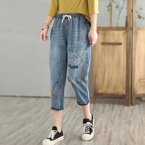 Women's Capri Jeans High Waisted Summer Flower Embroidered Casual Pants4
