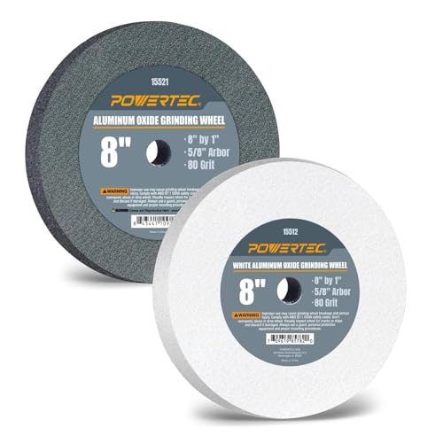 POWERTEC Bench Grinder Wheel 8 Inch White 80 Grit, White Aluminum Oxide Grinding Wheel for Bench and Pedestal Grinder, 1" Thick 5/8" Arbor, Sharpening & Shaping Drill Bits, Blade, Chisel, 2PK (15552)