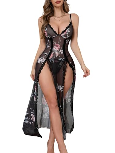 PITINAN Women Lingerie Lace Babydoll Chemise Sexy Mesh Nightdress V Neck Nightwear Side Split Nightgown S-XXL