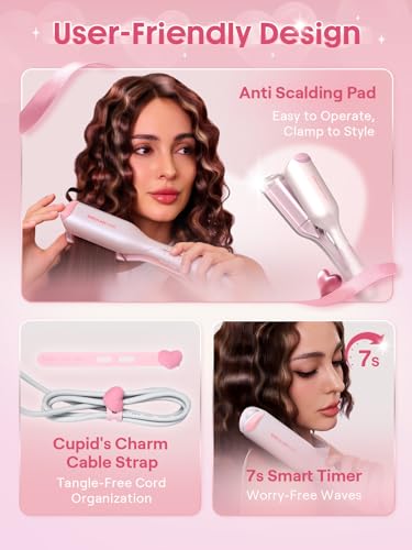 Image of SHEGLAM Pink Beach Wave Hair Waver 0.75 inch - Lightweight Dual Voltage Crimper for Women, Smart Timer Double Barrel Tool with Adjustable Temps & Anti-Scald for Mermaid Waves on Short Hair