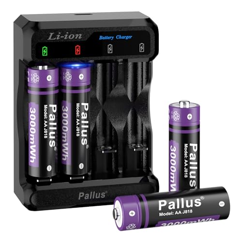 Rechargeable AA Lithium Batteries 3000mWh High Capacity 2 Hour Fast Charge with 4-Slot Charger 1500+ Cycles Double A Rechargeable Battery for Wireless Mouse Toys Camera (4 Pack)