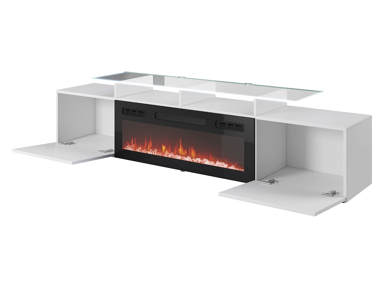 Meuble TV Avec Cheminée électrique Serkuzo EF 2D - 190 Cm, Flamme LED Réaliste, Chauffage Réglable, Design Noir Brillant - 8