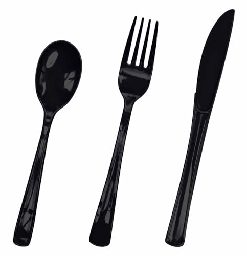 HEIPINIUYE 75 Pack Black Plastic Cutlery Heavy Duty Black Plastic Knives Forks and Spoons Disposable Silverware Set for 25 Guest Birthday Halloween Baby Shower Party Cutlery Set