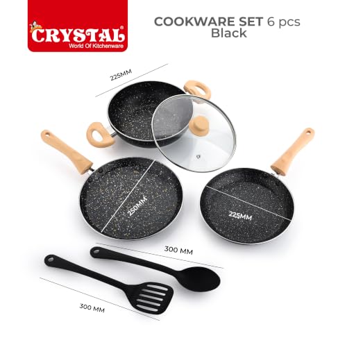 Image of Crystal Aluminum 6 Pcs Non Stick Cookware Set with Induction Bottom | Tawa, Fry Pan, Kadhai with Lid, Laddle & Spatula | Durable 4 Layer Non Stick Coating | PFOA Free | Black