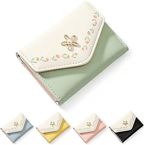kuifang Girls Cute flowers Print Wallet, Small Tri-folded Aesthetic Wallet, PU Leather Purse Cash Pocket Card Holder ID Window Purse for Women(Green) Cover