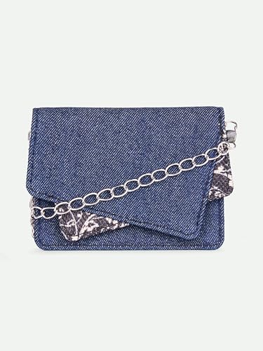 Image of ZOUK Tovi Mini Bag Wallet | Stylish Vegan Denim Crossbody Wallet for Women with Card Slots & Water-Resistant Lining | Handcrafted Small Sling Bag with Silver Chain Strap | Lattice Lace