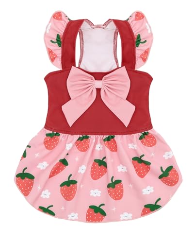 Image of CuteBone Dog Dress for Small Dogs Girl, Strawberry Summer Dresses with Bow & Ruffle Sleeve, UPF50+ Sun Protection, Cute Pet Clothes for Puppy for Birthday Wedding Party Beach ZSFX02XS