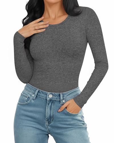 Image of Mangopop Women' Long Sleeve Ribbed Bodysuit Jumpsuits