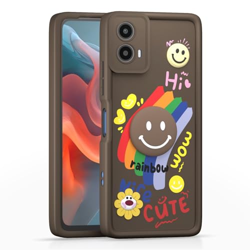 Image of Pikkme Back Cover for Motorola Moto G34 5G / G45 5G | Soft Silicone| Cute Rainbow Smile & 3D Cartoon Flower Design | Shockproof Raised Camera Protection Bumper Case (Brown)