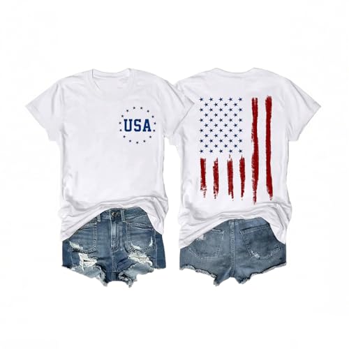 Womens 4th of July Outfits USA Shirt Memorial Day Red White and Blue Patriotic Shirts American Flag Graphic Tees (White-1 XL)