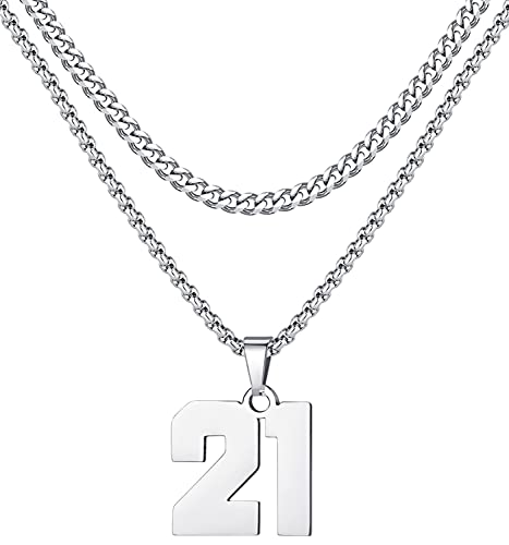 XOYOYZU Personalized Jersey Number Layered Necklaces for Men Stainless Steel Athletes Sports Number Chain for Men Baseball Basketball Football Gifts Silver 21