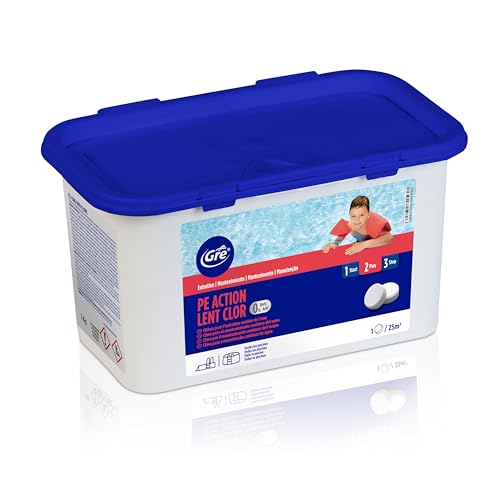 GRE 76022NB   Tabletas de Cloro Lento,Tratamiento Eficaz para la desinfección Continua y Mantenimiento del Agua de la Piscina.Previene el Agua Turbia y Verde. Tabletas de 250gr,1 kg