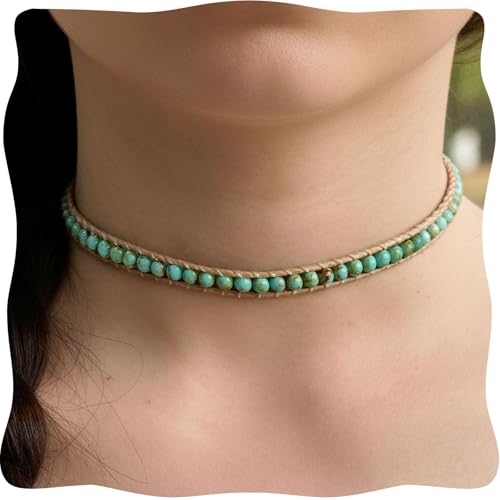 Ladywowu Turquoise Beaded Necklace, Natural Green Turquoise Choker for Women, Adjustable Boho Bracelet for Western Jewelry