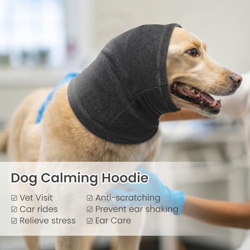 Image of BRKURLEG Dog Calming Hoodie, Dog Ear Muffs for Noise Protection, Pet Anxiety Relief Head Cover and Ears Protector, Dogs Ear Wrap for Grooming Bath and Drying, Grey,L