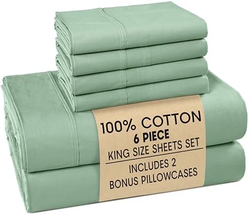 Casa Platino King Sheet Set – 100% Cotton Sheets with 4 Pillowcases, Crisp Percale Weave & Cozy Feel, Cooling & Breathable King Bed Sheets with 15" Deep Pocket, Excellent Quality & Fit – Sage Green