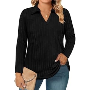 RITERA Plus Size Polo Shirts for Women Knit V Neck Tops Fall Winter Long Sleeve Collared Shirts XL-5XL