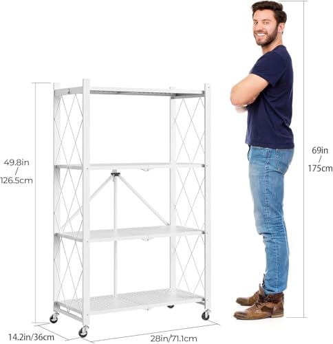 Image of 4-Tier Folding Metal Storage Rack - 50 inch Heavy-Duty Steel Frame with Wheels, No Assembly Utility Organizer, Rolling Shelving Unit for Kitchen, Garage, Pantry, Bedroom (White, 4 Tier)
