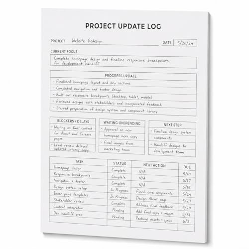 Project Update Log Notepad, 8.5 x 11 Tear-Off Project Management Pad, 60 Pages, 100gsm White Paper, Progress Tracker with Blockers, Pending Items, Next Steps & Task Status for Work Meetings