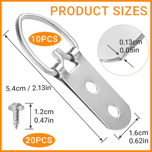 Image of 10 Pcs Picture Hanger, D Rings Heavy Duty, D Ring Picture Hangers with 20 Pcs Screws, Picture Hanging Hooks for Clock, Mirror, Paintings (Sliver, 2 Holes)