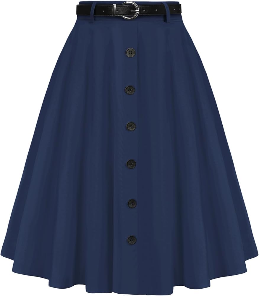 A-Line Button Front Knee Length Skirt with Belt, High Waist-image-39