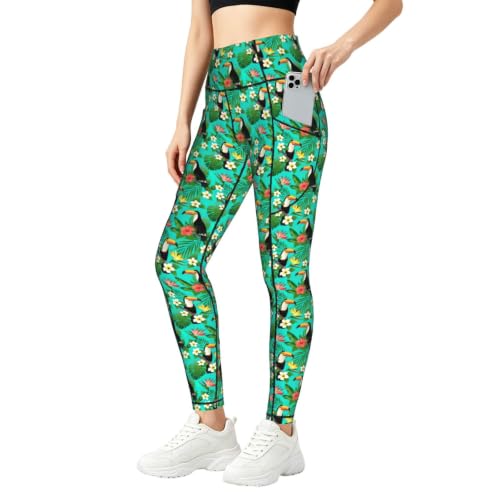 Pantalon de yoga femme coupe ample motif oiseaux tropicaux et feuillage exotique