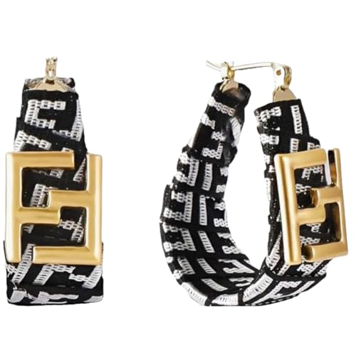 Chic Black and White Alphabet F Fabric Earrings for Women – Lightweight Gold-Plated Geometric Dangle Jewelry