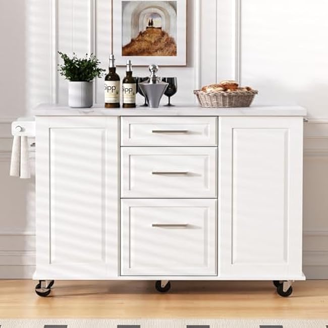 Kitchen Island with Tilt Trash Can Compartment Pull Out Double Tier Organizer Drop Leaf Design 2 Drawers 1 Cupboard Rolling Cart on 5 Wheels Lockable Brakes CARB Certified MDF Construction (White)-Dsn7U8Yd
