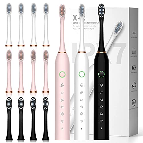 Image of Electric Toothbrush with 8 Brush Heads, 42000vpm 6 Modes IPX7 Waterproof, Soft Electric Toothbrush for Adults - 3 Pack, Black+White+Pink