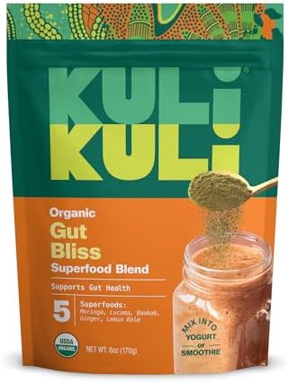 Kuli Kuli Gut Bliss Superfood Powder [6 oz] – Powerful Blend of Organic Moringa, Baobab, Lucuma, Ginger and Lemon Balm – Promote Digestion, Soothe the Stomach and Boost Gut Health