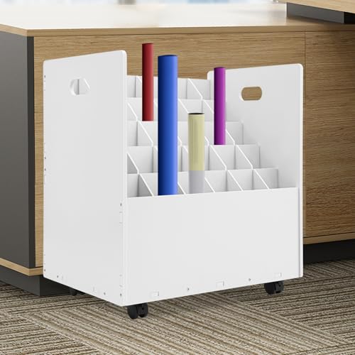 Rolling Blueprint Holder, 30 Slots Roll File Storage Organizer with Wheels PVC Panels Poster Storage Box Vertical Blueprint Storage Cabinet for Architectural Plans Wrapping Papers Maps (White)
