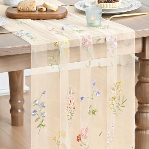 Artoid Mode Wildflower Floral Beige Apricot Gauze Embroidery Table Runner 120 Inch...