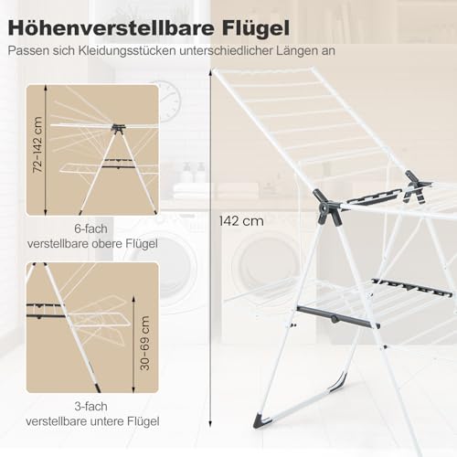 COSTWAY Wäscheständer klappbar, Wäschetrockner ausziehbar mit 2 Ebenen, Standtrockner höhenverstellbar mit Flügeln & Schuhablage, Trockenständer Wäscheturm für Innen & Außenbereich - Image 9