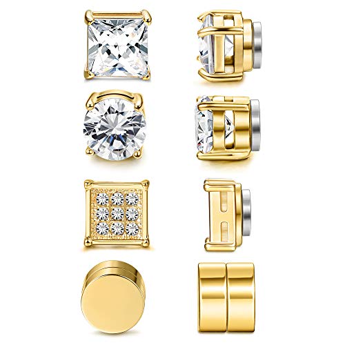 Jstyle 4 Pairs Stainless Steel Magnetic Stud Earrings for Men Women Gold CZ Non-Piercing Clip On Stud Earrings Set 6-8MM