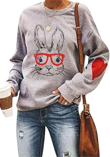 Image of Women's Easter Basic Sweatshirt Crew Neck Long Sleeve Sweatshirt Casual Loose Sweatshirt with Rabbit Print