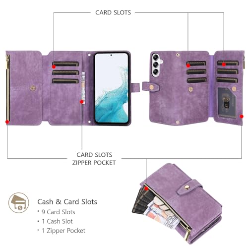 UEEBAI Wallet Case for Samsung Galaxy S24 5G, 9 Card Slots Retro Leather Wallet Shockproof Flip Cover with Hand Strap Card Slots Zipper Pocket Kickstand Handbag Magnetic Closure - Purple - Image 3