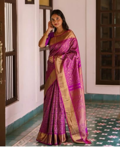 Image of Flosive Women's Kanjivaram Silk Saree With Beautiful Blouse With Zari Border