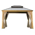 10'x12' Hardtop Gazebo, Wooden Coated Aluminum Frame Canopy with Galvanized Steel Double Roof, Outdoor Permanent Metal Pavilion with Curtains and Netting for Patio, Deck and Lawn(Wood-Looking)