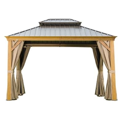 10'x12' Hardtop Gazebo, Wooden Coated Aluminum Frame Canopy with Galvanized Steel Double Roof, Outdoor Permanent Metal Pavilion with Curtains and Netting for Patio, Deck and Lawn(Wood-Looking)