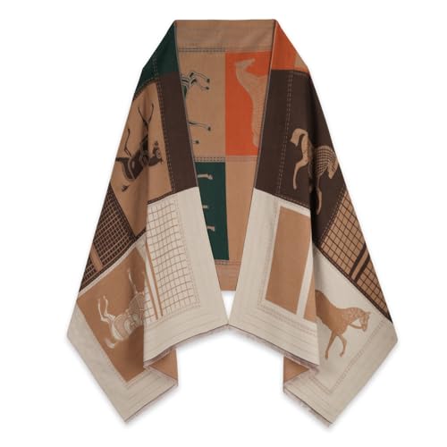 Relang Scarfs for Women Pashmina Silky Shawl Wrap for Evening Dressing Blanket Open Front Poncho Cape Checkered Horse Dark Brown