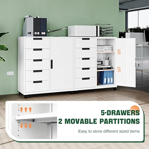 Letaya 5 Drawer Storage Cabinet, Mobile Printer Stand for Home Office,Dresser Chest with Shelves and Door(White) - Image 6