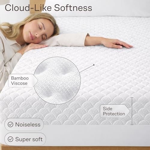 Image of Ultra Soft Waterproof Mattress Protector King - 6-21 inch Deep Pocket with Leak-Proof Edge Protection - Noiseless & Cooling Soft-Touch Viscose Made from Bamboo - Machine Washable (White)