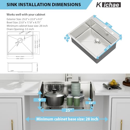 Image of Kichae 25 Drop In Kitchen Sink with Faucet Combo - Workstation Kitchen Sinks 25 x 22 Inch Workstation Sink Topmount Overmount Single Bowl Handmade Basin All Accessories Included