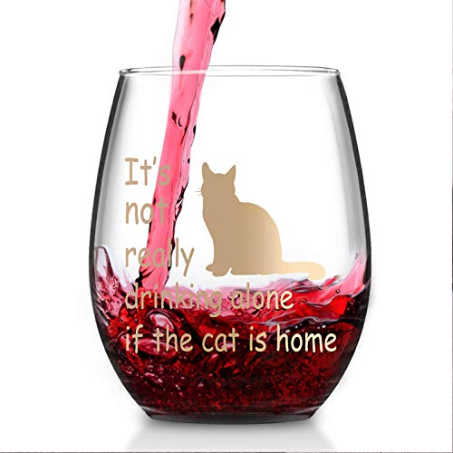 It's Not Really Drinking Alone If The Cat Is Home Wine Glass With Cupcake Wine Socks Gift Set, Cat Lover Wine Glass Set With Bottle Opener 15Oz - Funny Gift For Women Friends Sisters Girls Cat Lover #TOP4